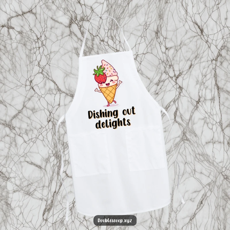 Funny dancing strawberry ice cream cone apron, a sweet and humorous kitchen accessory.