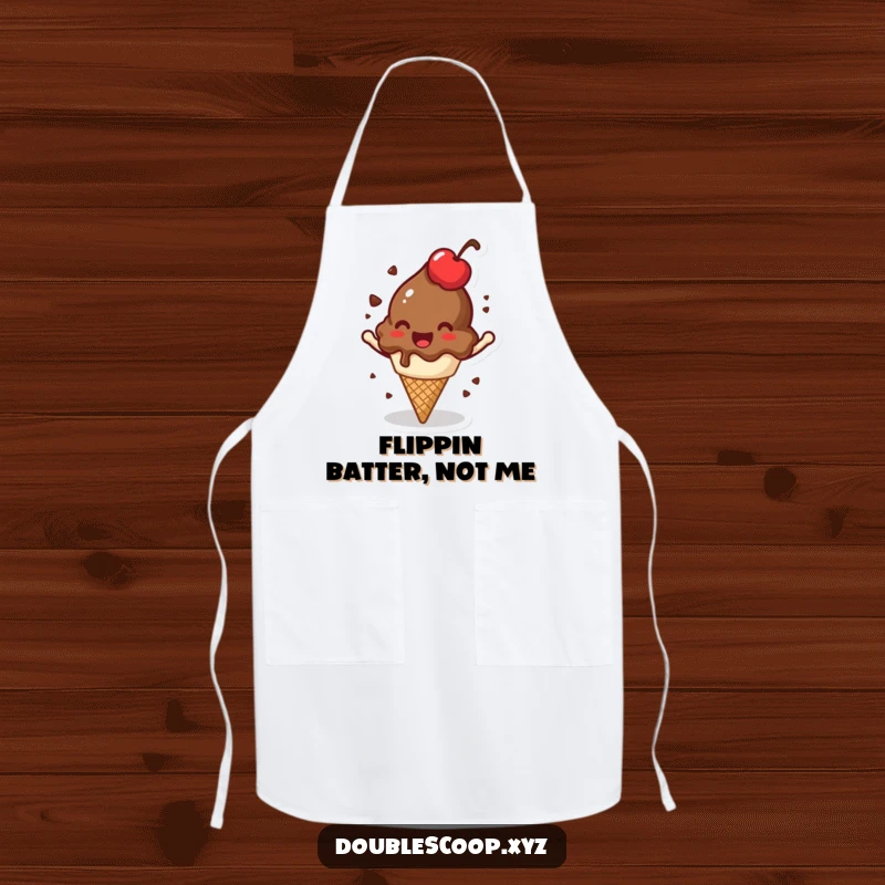 Funny spinning chocolate ice cream scoop apron, a jovial and humorous kitchen accessory.