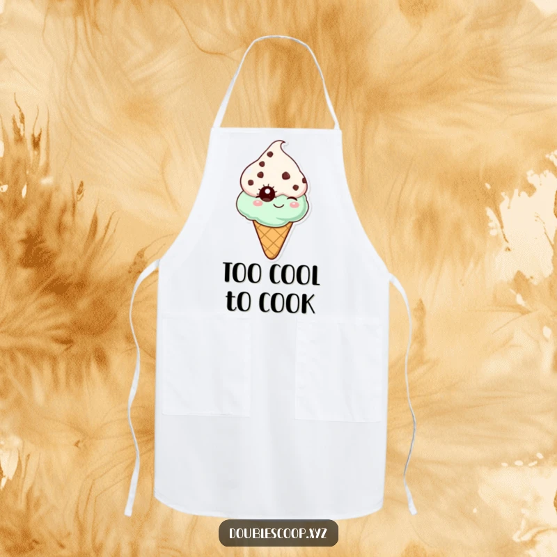Funny mint chocolate chip ice cream cone winking, a humorous and practical apron for kitchen fun.