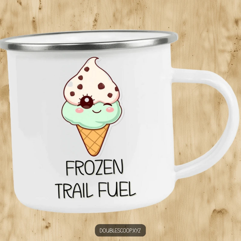 Funny mint chocolate chip ice cream cone winking, a durable and humorous enamel camping mug for outdoor fun.