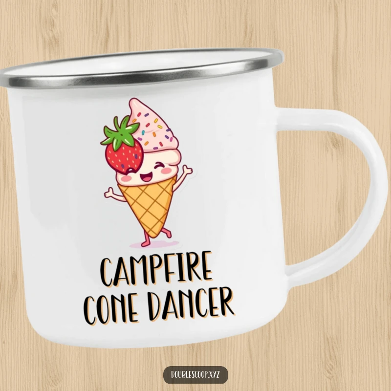 Funny dancing strawberry ice cream cone camping mug, durable and humorous drinkware for sweet adventures.