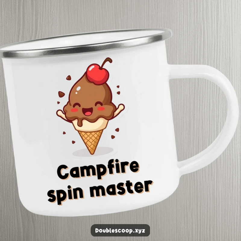 Funny spinning chocolate ice cream scoop camping mug, durable and humorous drinkware for jovial adventures.