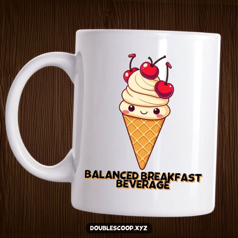 Funny cheerful vanilla ice cream cone with waffle texture, juggling three cherries with joy.