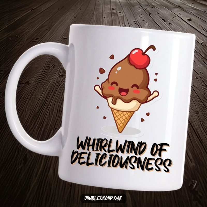 Funny jovial chocolate ice cream scoop with a cherry on top, spinning happily, a delightful sweet treat.