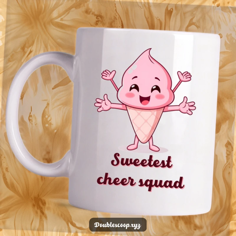 Funny pink ice cream scoop with arms outstretched, cheering enthusiastically, a joyful and funny mug design.