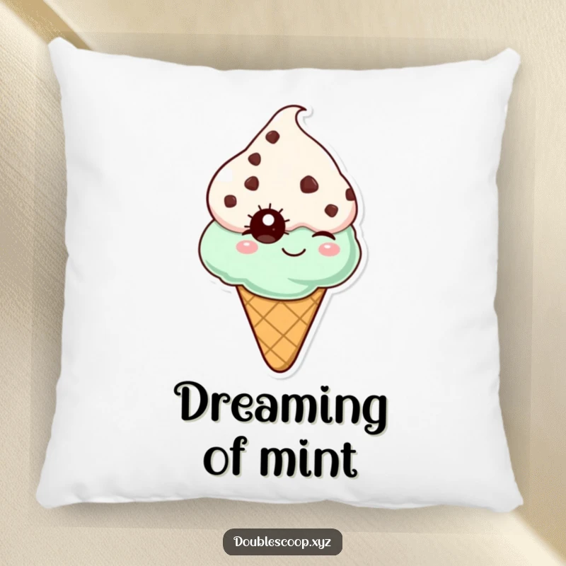Funny mint chocolate chip ice cream cone winking, a soft and humorous pillow perfect for decorating any cozy space.