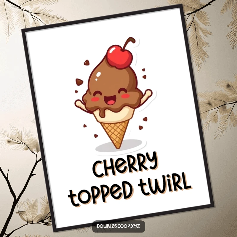 Funny jovial chocolate ice cream scoop with a cherry on top, spinning as digital art, fun and humorous.