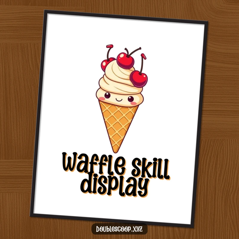 Funny cheerful vanilla ice cream cone with waffle texture, juggling three cherries as digital art, fun and humorous.