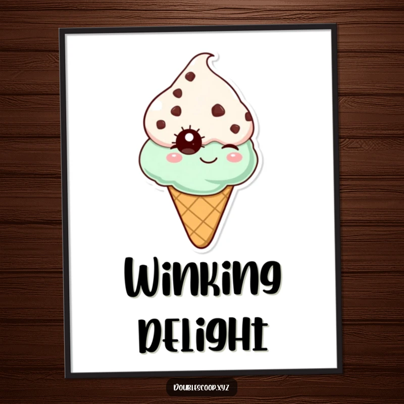 Funny mint chocolate chip ice cream cone winking, a downloadable digital art print for instant wall decor.