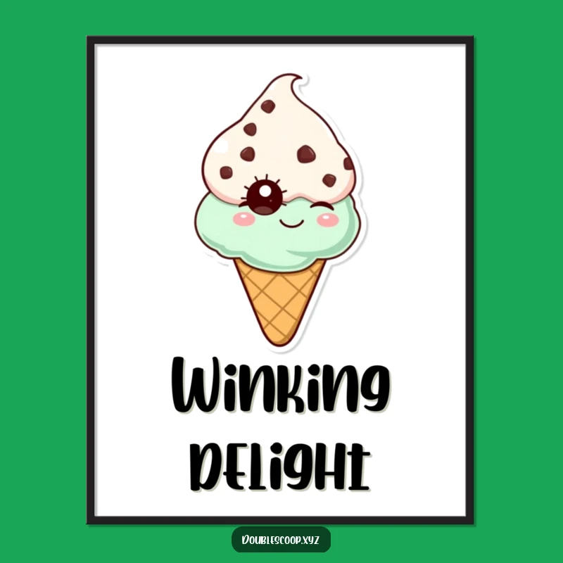 Funny Mint Chocolate Chip Ice Cream Cone Winking Digital Art Print - Instant Cheerful Decor