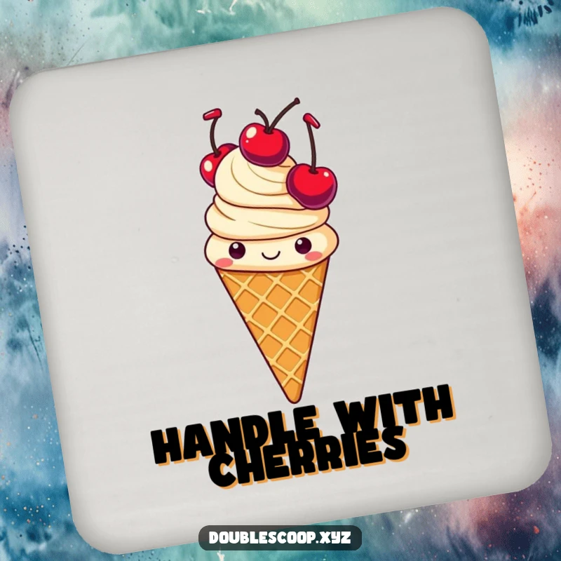 Funny juggling vanilla ice cream cone coaster set, protecting surfaces with cheerful humor and charm.