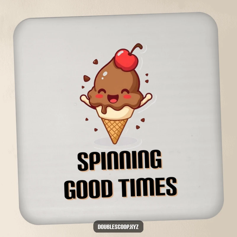 Funny spinning chocolate ice cream scoop coaster set, protecting surfaces with jovial humor and charm.