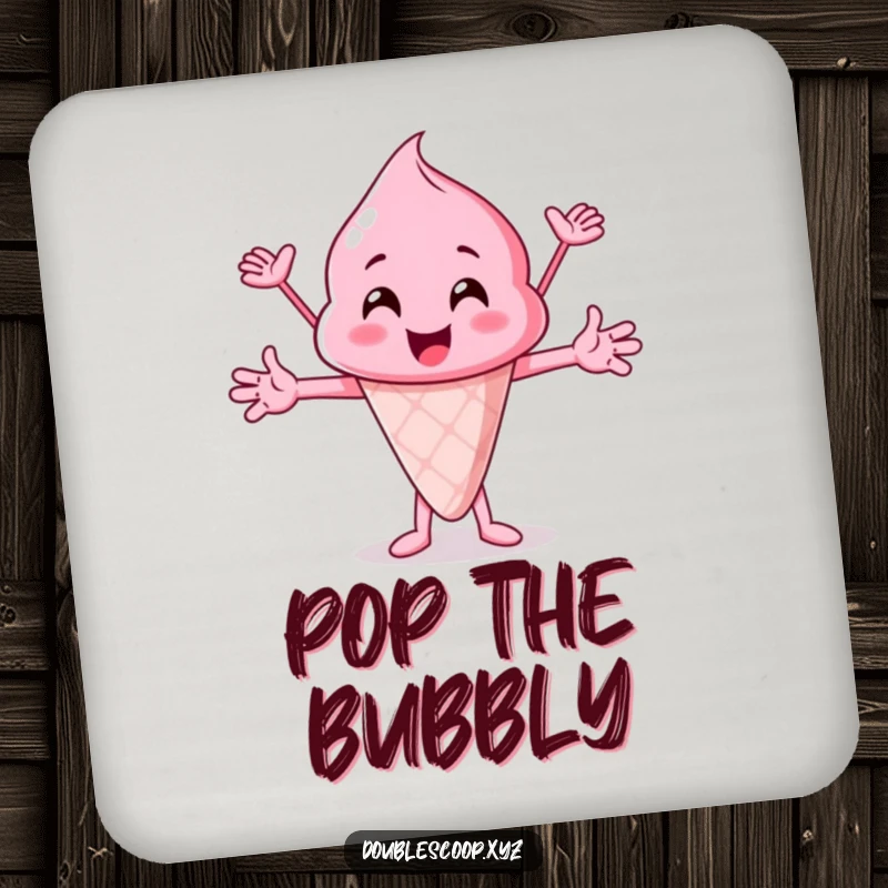 Funny pink ice cream scoop cheering, a vibrant and funny drink coaster for protecting surfaces with style.