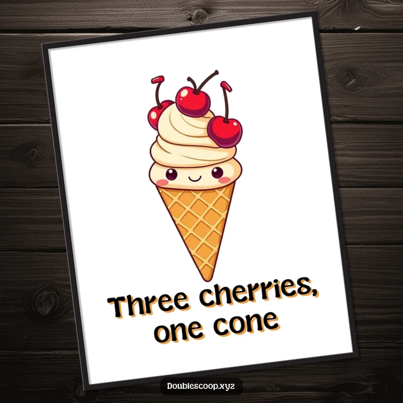 Funny cheerful vanilla ice cream cone with waffle texture, juggling three cherries, vibrant wall art.