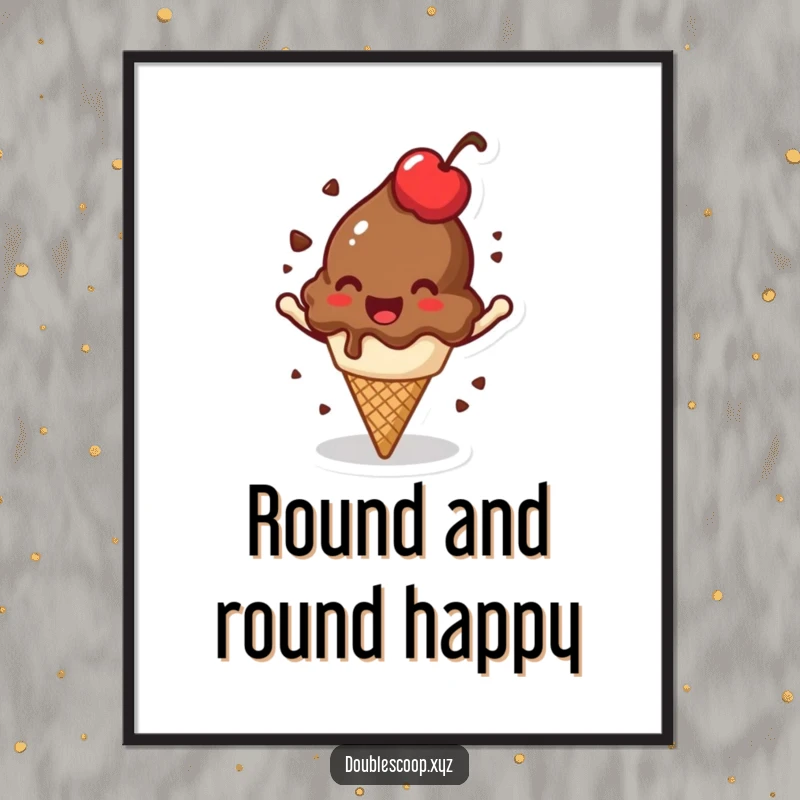 Funny jovial chocolate ice cream scoop with a cherry on top, spinning, vibrant wall art.