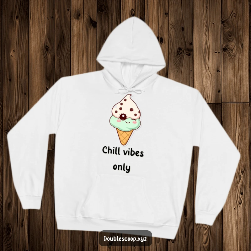 Funny mint chocolate chip ice cream cone winking, a warm and humorous hoodie for ultimate comfort and smiles.
