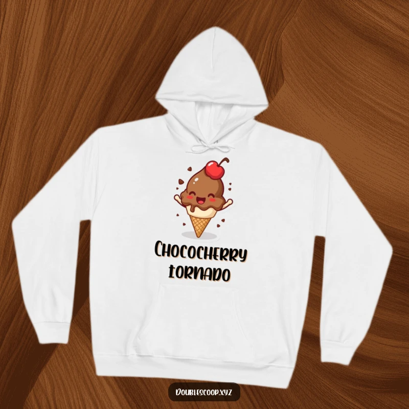 Cozy funny spinning chocolate ice cream cone hoodie, jovial and comfortable wear.