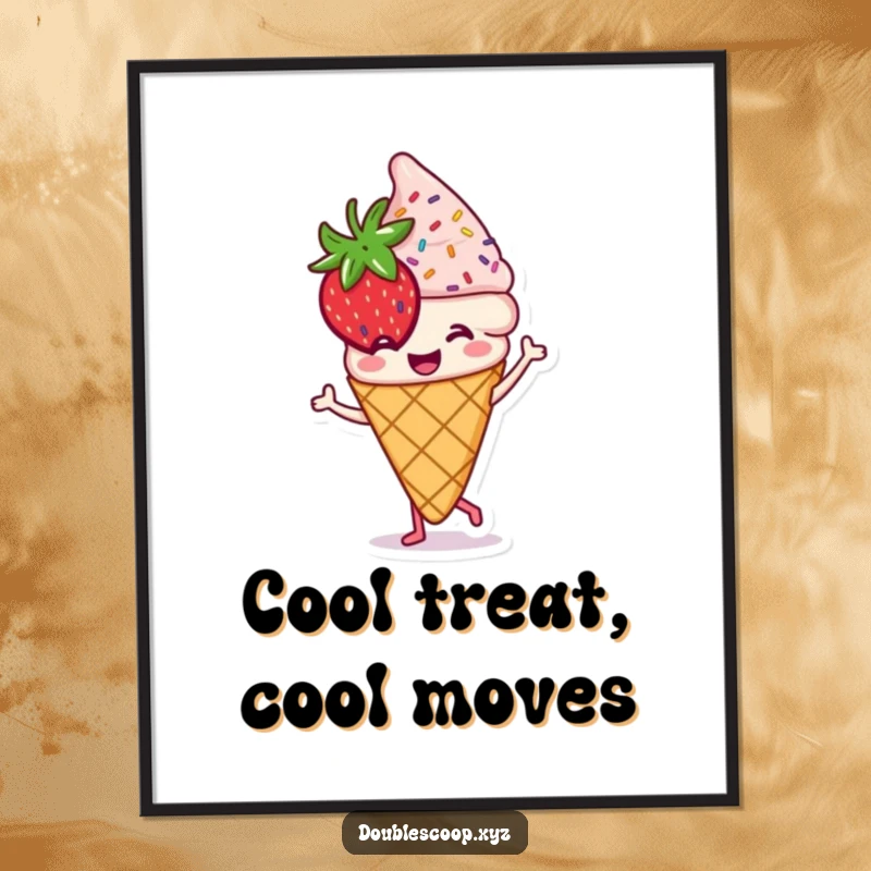 Funny Free Printable Wall Art: A smiling strawberry ice cream cone with sprinkles is caught mid-dance, radiating joy.