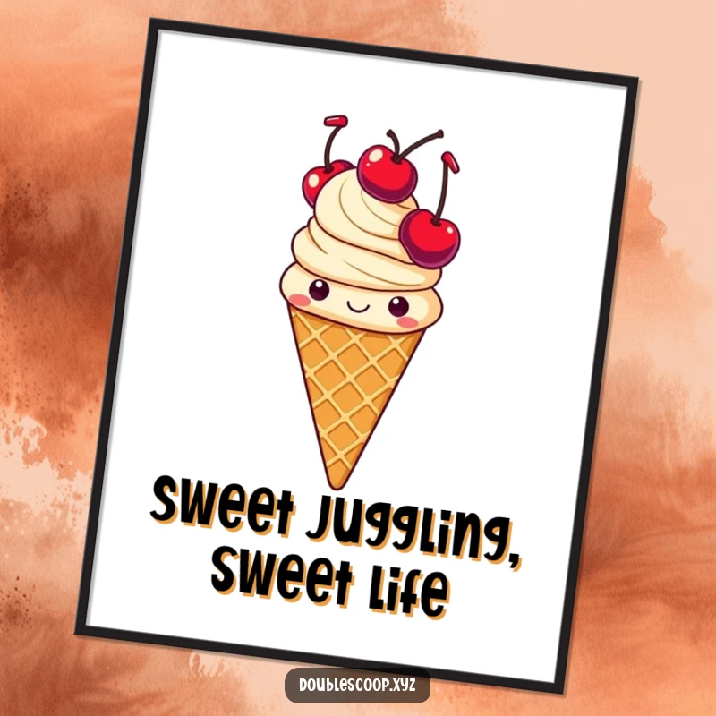 Funny Free Printable Wall Art: A cheerful vanilla ice cream cone with waffle texture expertly juggles three cherries.
