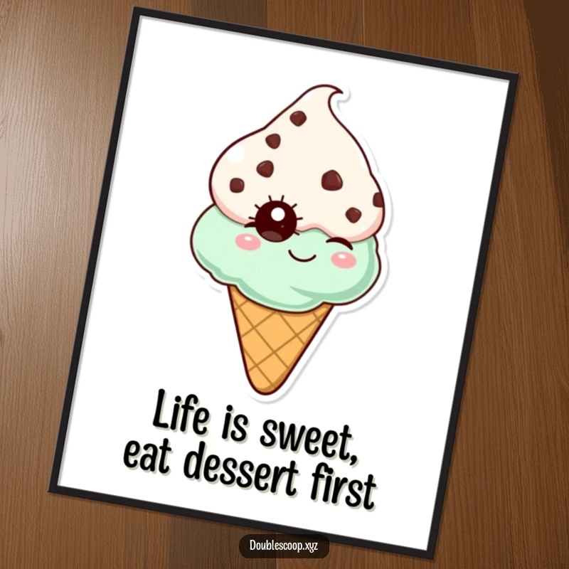 Funny Free Printable Wall Art of a winking mint chocolate chip ice cream cone, ready to add fun to any room.