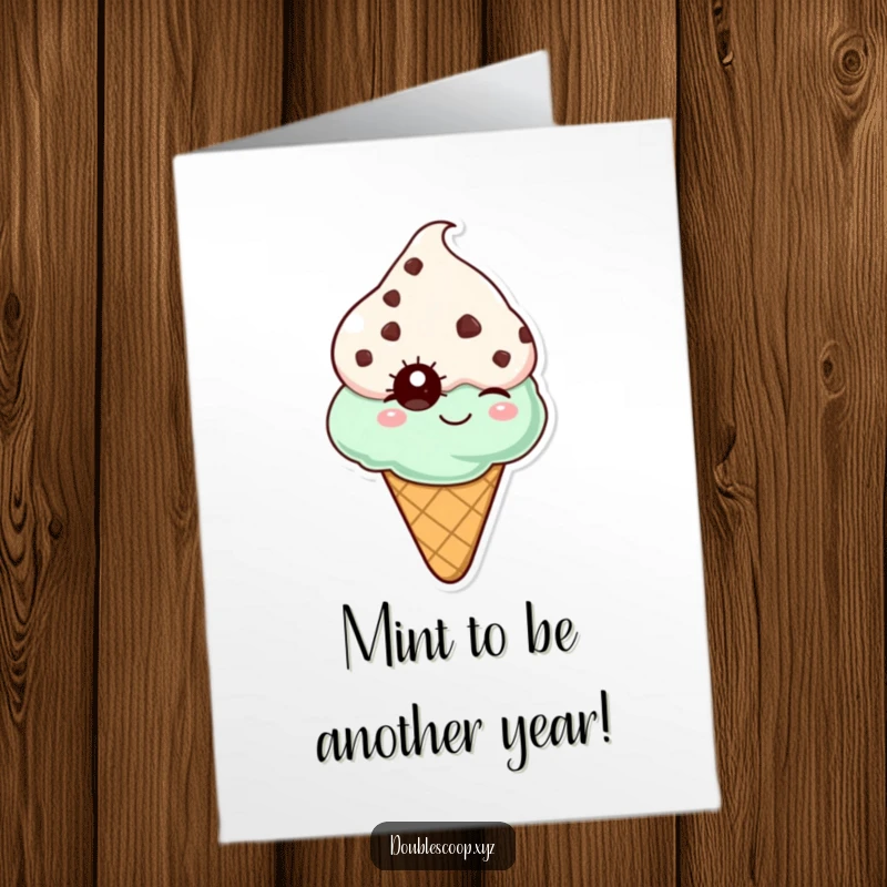 Funny Free Printable Birthday Card featuring a winking mint chocolate chip ice cream cone, ready to party.