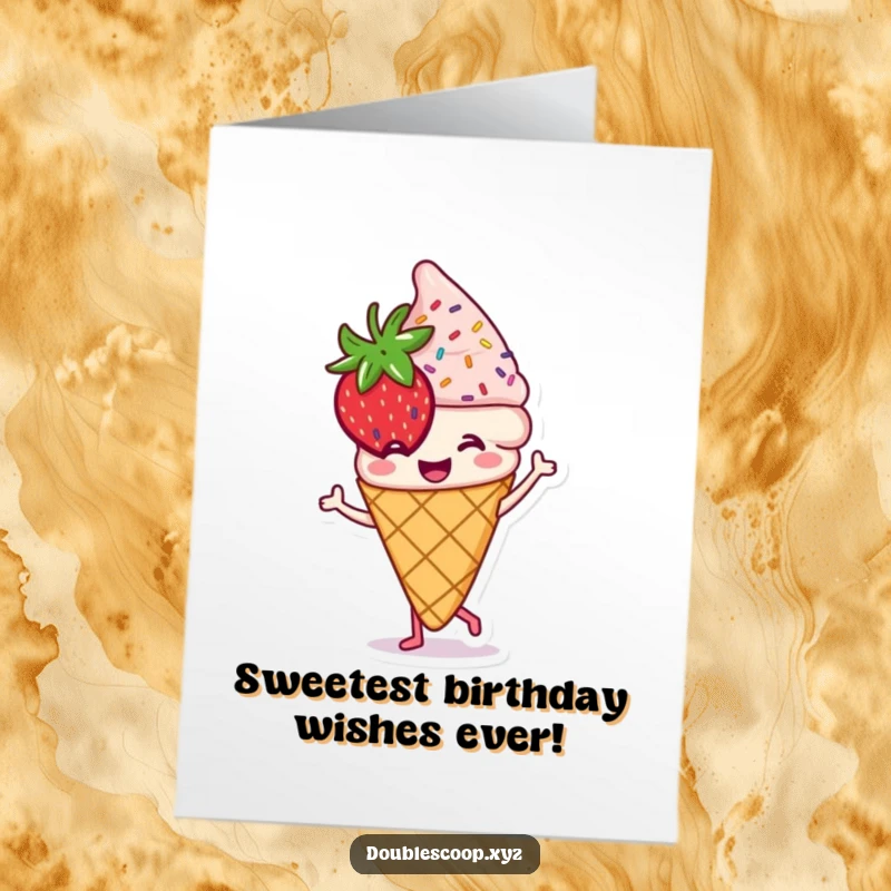Funny Free Printable Birthday Card: A smiling strawberry ice cream cone with colorful sprinkles joyfully dances.