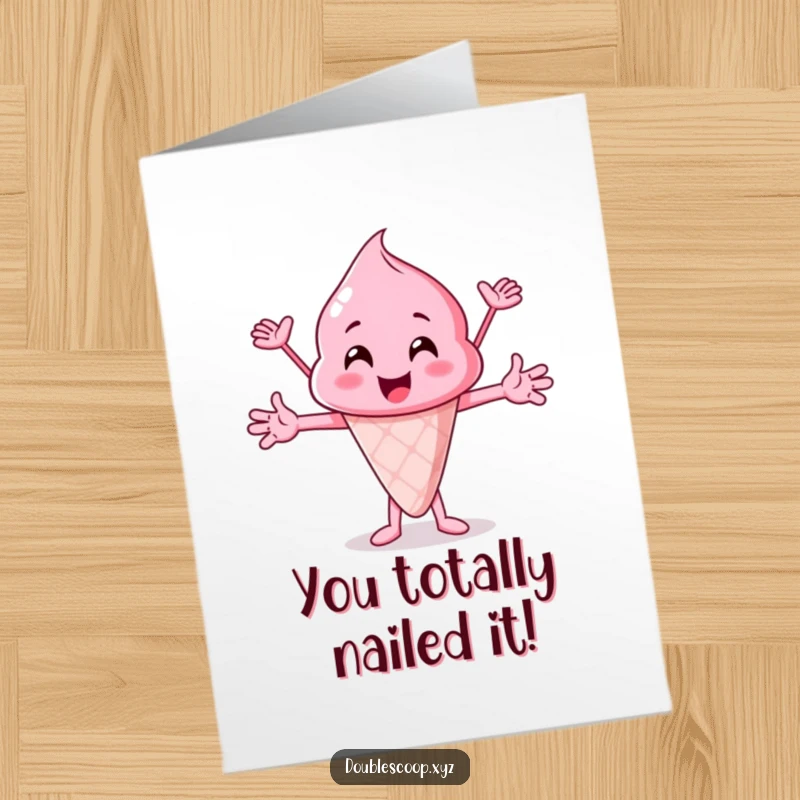 Funny Free Printable Congratulations Card with a playful bubblegum pink ice cream scoop celebrating joyfully.