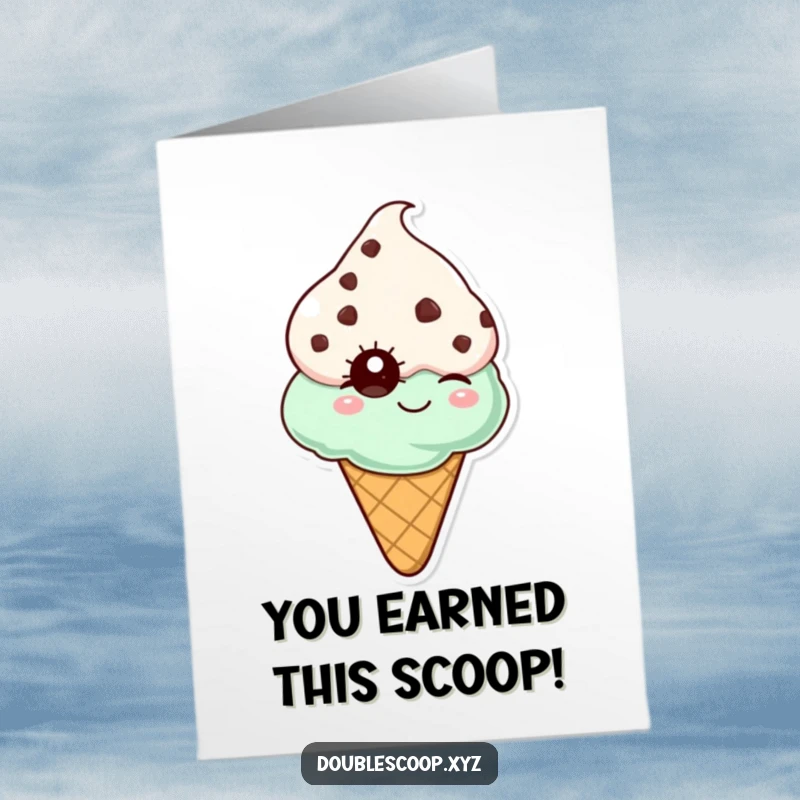 Funny Free Printable Congratulations Card with a winking mint chocolate chip ice cream cone, spreading good vibes.