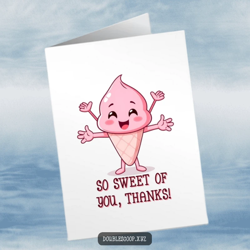 Funny Free Printable Thank You Card featuring a cheerful bubblegum pink ice cream scoop, expressing thanks.