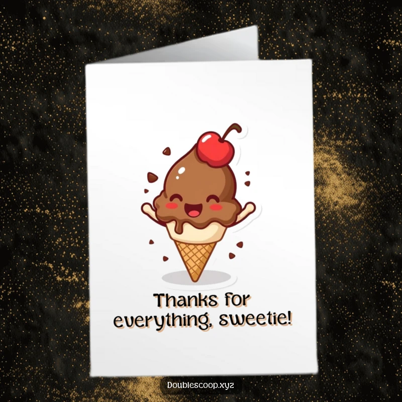 Funny Free Printable Thank You Card: A jovial chocolate ice cream scoop with a cherry on top spins happily.