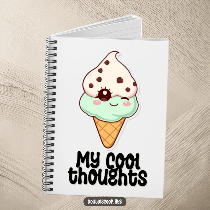 Funny mint chocolate chip ice cream cone winking, a humorous notebook for capturing ideas with a smile.
