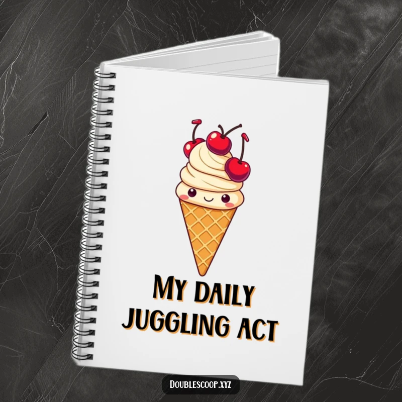 Funny juggling vanilla ice cream cone notebook, perfect for jotting notes with cheerful humor.