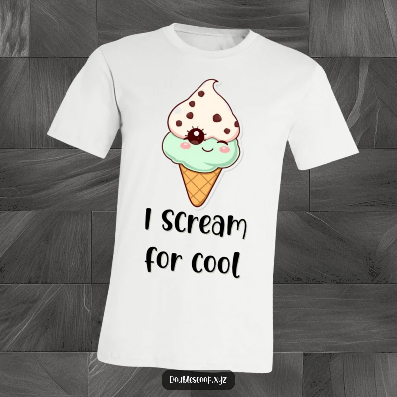 Funny mint chocolate chip ice cream cone winking, a cool and humorous graphic tee for a cheerful vibe.