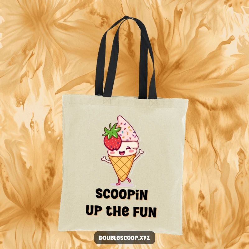 Funny dancing strawberry ice cream cone tote bag, a sweet and humorous accessory for carrying essentials.